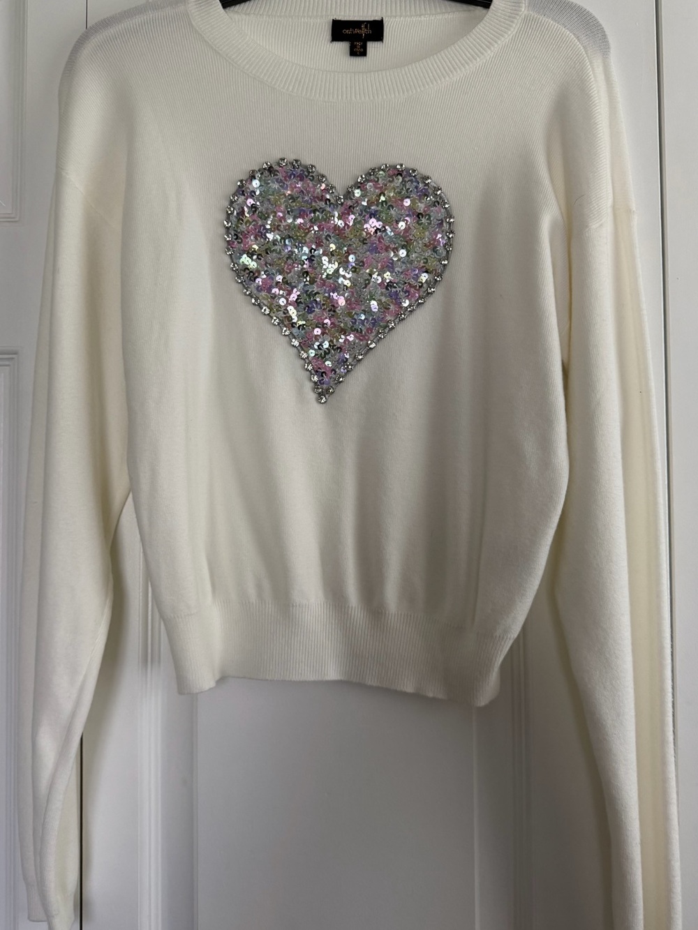 antWealth White Sequin Heart Crewneck Sweater Sm